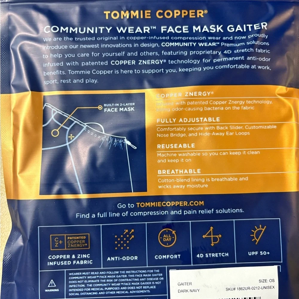 Tommie Copper Face Mask Community Wear Gaiter Navy Unisex